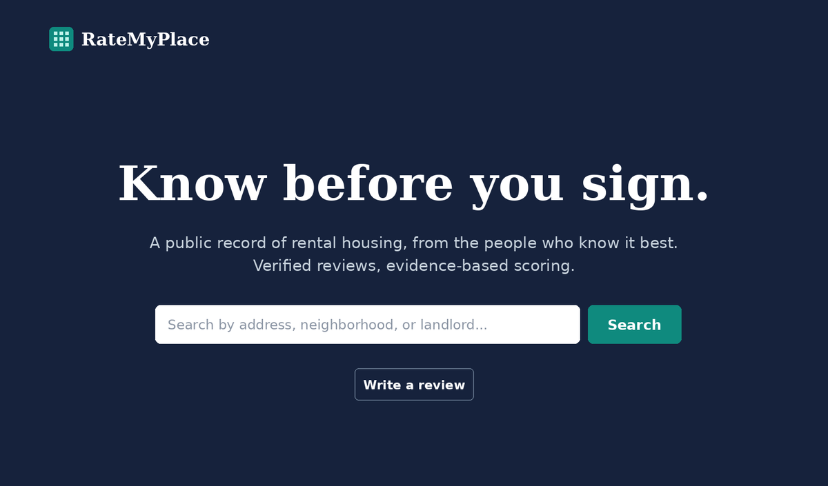 The RateMyPlace homepage, with the tagline Know before you sign and a search bar